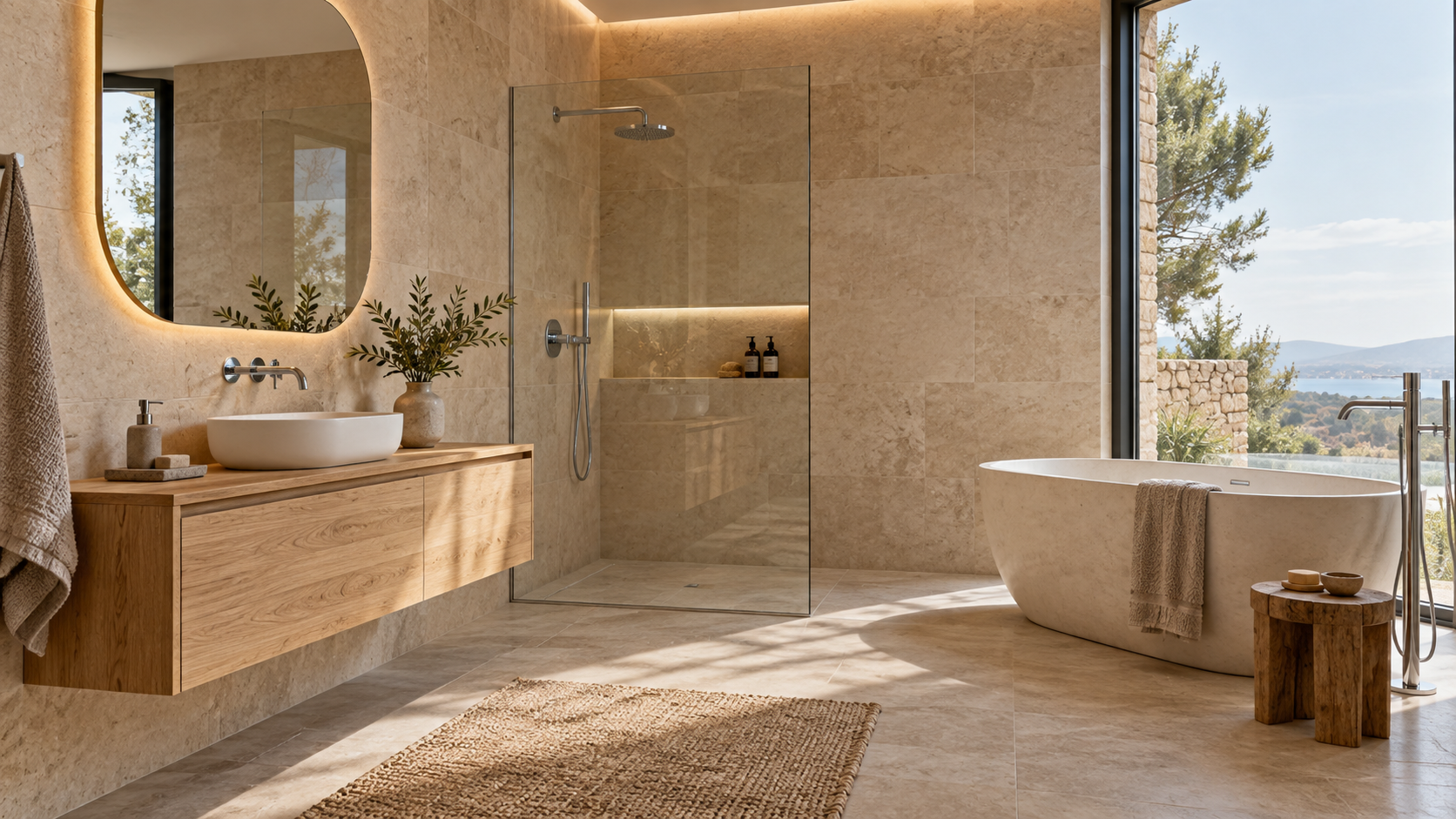 Warm stone tiled bathroom with a contemporary vanity and refined bathroom fixtures